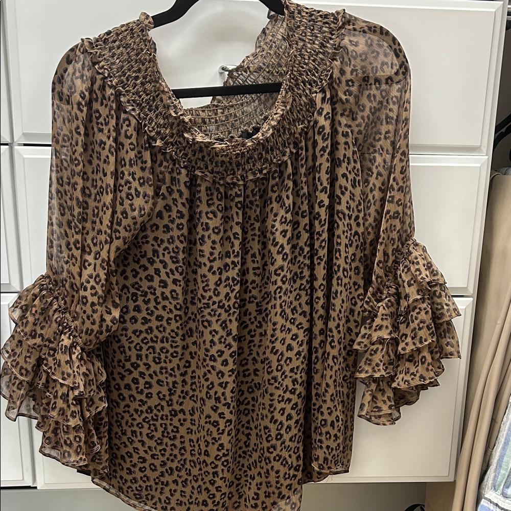 CeCe Animal Print Ruffle Sleeve Blouse